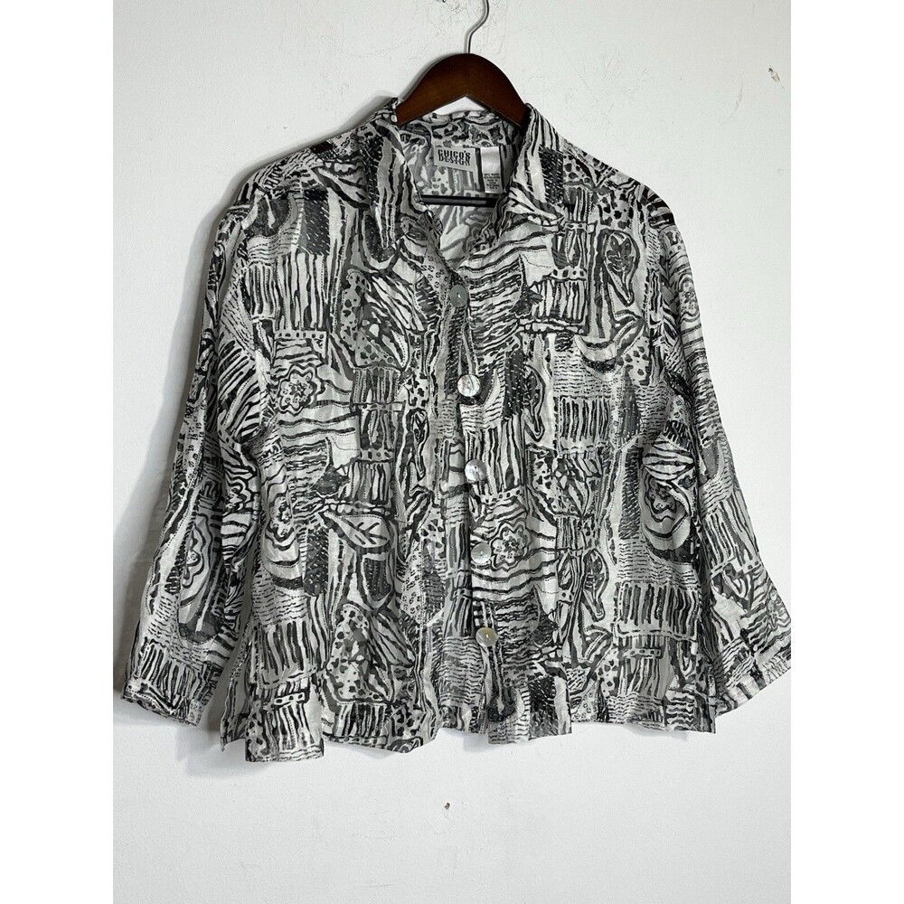 Chico's DESIGN Vtg Geometric Sketch Print 3/4 Sleeve Button Down Sheer 2 L (13)